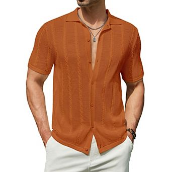 COOFANDY Men's Summer Button Down Shirt Short Sleeve Knitted Crochet Beach Shirt