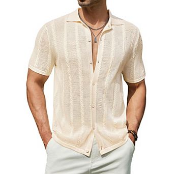 COOFANDY Men's Summer Button Down Shirt Short Sleeve Knitted Crochet Beach Shirt