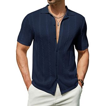COOFANDY Men's Summer Button Down Shirt Short Sleeve Knitted Crochet Beach Shirt