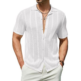 COOFANDY Men's Summer Button Down Shirt Short Sleeve Knitted Crochet Beach Shirt