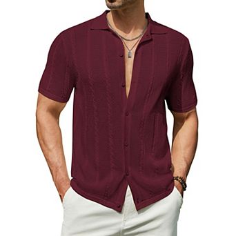 COOFANDY Men's Summer Button Down Shirt Short Sleeve Knitted Crochet Beach Shirt
