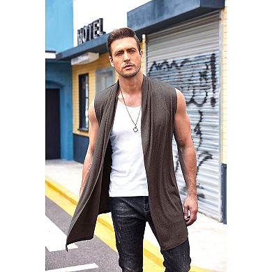 Coofandy Men's Ruffle Shawl Collar Sleeveless Long Cardigan Vest