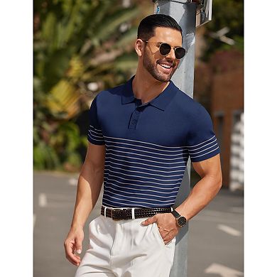 COOFANDY Men' Striped Knit Polo Shirt Short Sleeve Button Down Knitting Golf Shirts Classic Fit