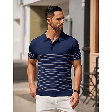 COOFANDY Men' Striped Knit Polo Shirt Short Sleeve Button Down Knitting Golf Shirts Classic Fit
