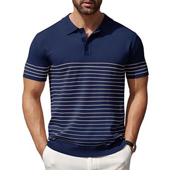 COOFANDY Men' Striped Knit Polo Shirt Short Sleeve Button Down Knitting Golf Shirts Classic Fit