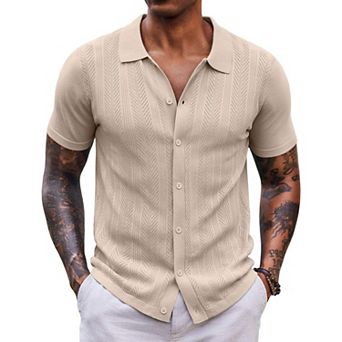 COOFANDY Mens Knit Shirts Short Sleeve Button Down Shirt Casual Summer Beach Shirts