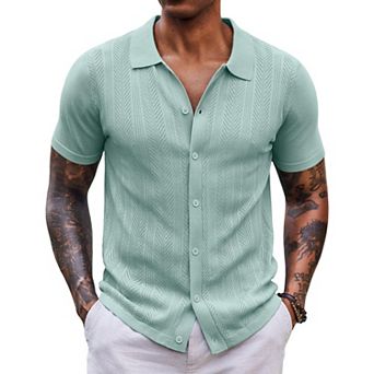 COOFANDY Mens Knit Shirts Short Sleeve Button Down Shirt Casual Summer Beach Shirts