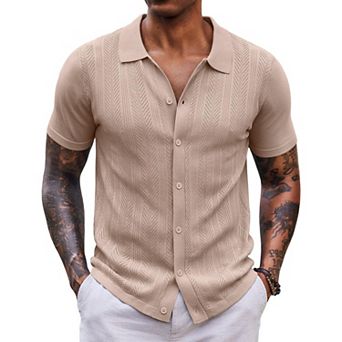 COOFANDY Mens Knit Shirts Short Sleeve Button Down Shirt Casual Summer Beach Shirts