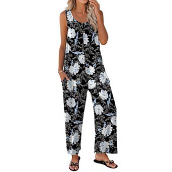 Ekouaer Sleeveless Jumpsuits for Women Casual Summer Scoop Neck Tank Rompers Wide Leg Pants Overall