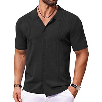 COOFANDY Mens Knit Button Down Shirt Vintage Short Sleeve Polo Shirts Casual Beach Tops Fashion