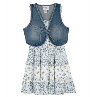 Girls 7-16 Rare Editions 2 pc Floral Ruffle Tiered Dress & Denim Vest Set