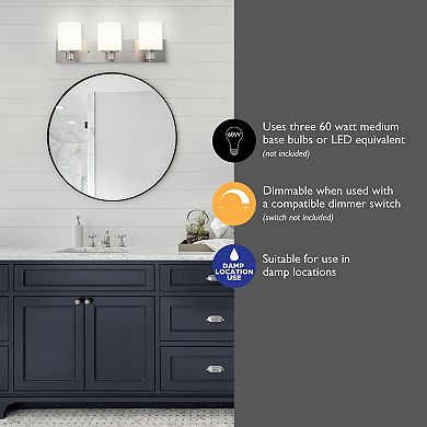 Design House Dane 3-Light Vanity Light, Polished Chrome Finish, Frosted Glass Shades, Dimmable, Bathroom Wall Fixture – Design House, 587477
