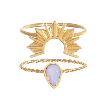Adornia Tarnish Resistant 18k Gold Flash Plated Lab-Created Opal Sunrise 2 pc Ring Set