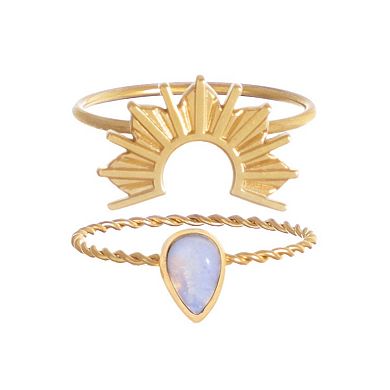 Adornia Tarnish Resistant 18k Gold Flash Plated Lab-Created Opal Sunrise 2-Piece Ring Set