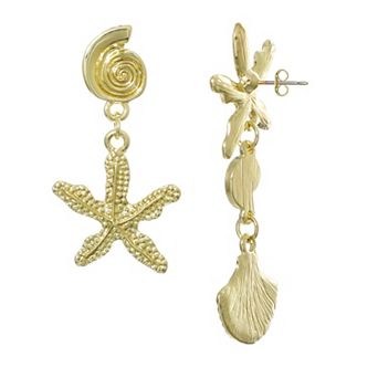 Adornia 14k Gold Flash Plated Starfish & Shell Mismatched Drop Earrings