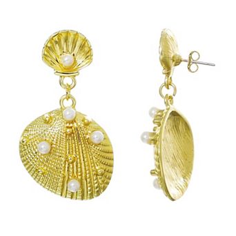 Adornia 14k Gold Flash Plated Simulated Pearl Studded Shell Drop Earrings