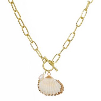 Adornia 14k Gold Flash Plated Freshwater Cultured Pearl Shell Toggle Necklace