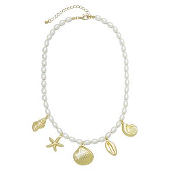 Adornia 14k Gold Flash Plated Simulated Pearl & Sea Charms Necklace