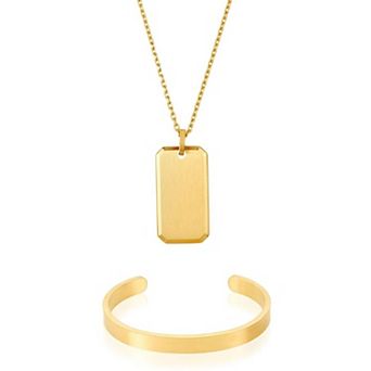 Men's Adornia 14k Gold Flash Plated Tarnish Resistant 2 pc Cuff Bracelet & Dog Tag Necklace Set