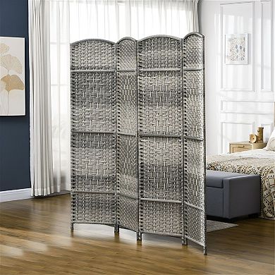 4-Panel Room Divider with Paulownia Wood Frame and Decorative Arched Top