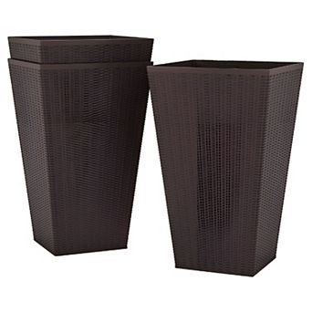 Set of 3 Tall Outdoor Planters, Square Rattan Look Flower Pots with Drainage Hole for Patio or Porch
