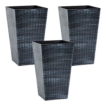 Set of 3 Tall Outdoor Planters, Square Rattan Look Flower Pots with Drainage Hole for Patio or Porch