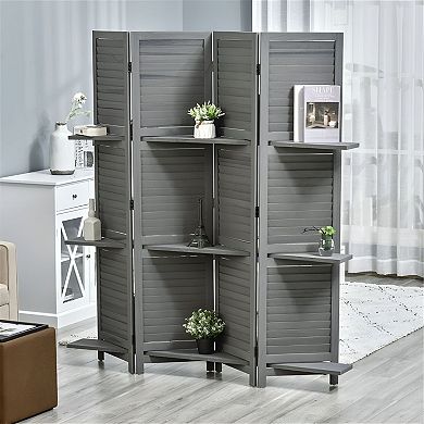 Folding Room Divider with Blinds Panels and 3 Storage Shelves for Apartments