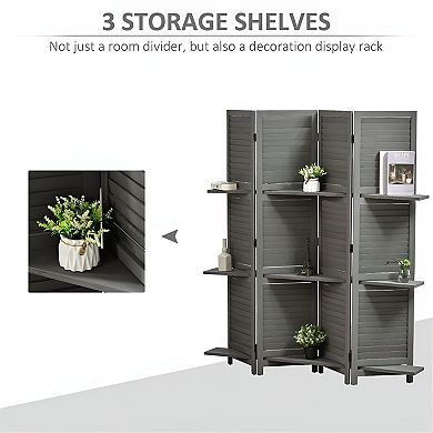 Folding Room Divider with Blinds Panels and 3 Storage Shelves for Apartments