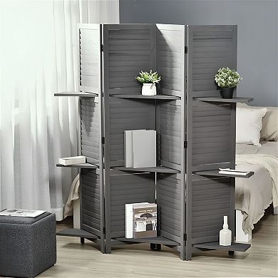 Folding Room Divider with Blinds Panels and 3 Storage Shelves for Apartments