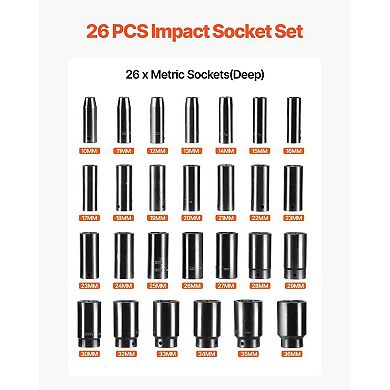 26-Piece Drive Metric Impact Socket Set 1036 mm with Protective Storage Case