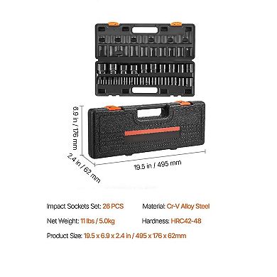 26 Pieces Drive Metric Impact Socket Set 1036 mm with Storage Case