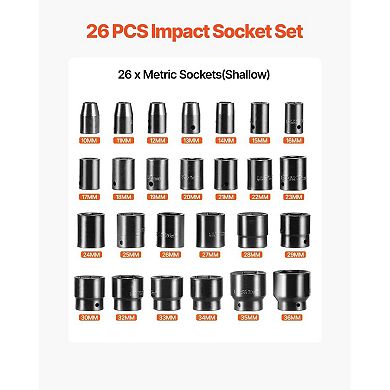 26 Pieces Drive Metric Impact Socket Set 1036 mm with Storage Case