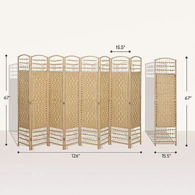 Eight-Panel Folding Room Divider with Woven Paper Panels and Wood Frame
