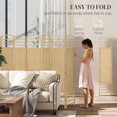 Eight-Panel Folding Room Divider with Woven Paper Panels and Wood Frame