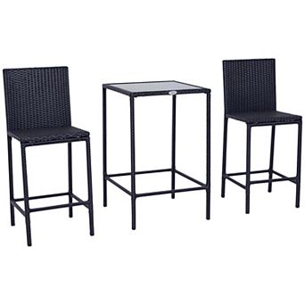 3 pc Outdoor Bar Set Rattan Table Glass Top with 2 Bar Stools