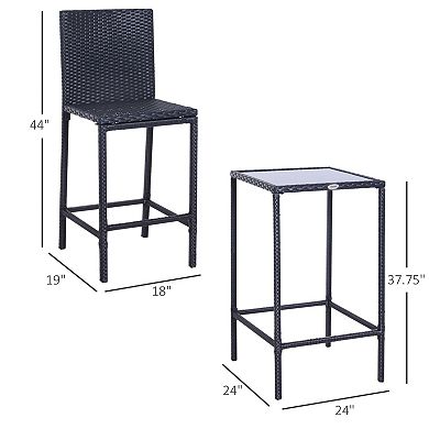 3 Piece Outdoor Bar Set Rattan Table Glass Top with 2 Bar Stools