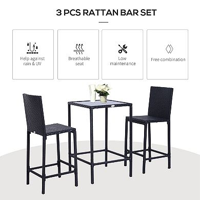 3 Piece Outdoor Bar Set Rattan Table Glass Top with 2 Bar Stools