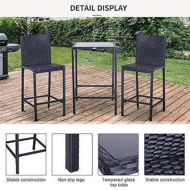 3 Piece Outdoor Bar Set Rattan Table Glass Top with 2 Bar Stools