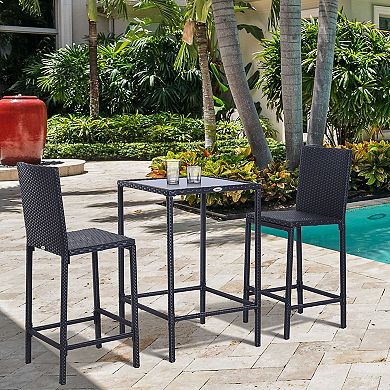 3 Piece Outdoor Bar Set Rattan Table Glass Top with 2 Bar Stools