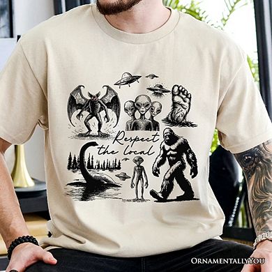 Respect The Local Cryptid Squad T-Shirt, Funny Bigfoot Alien Mothman Meme Tee