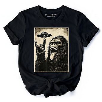 Bigfoot UFO Funny T-Shirt, Rock and Roll Sasquatch Meme Tee