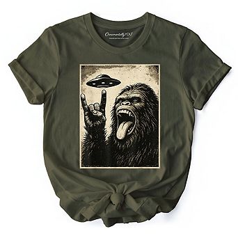 Bigfoot UFO Funny T-Shirt, Rock and Roll Sasquatch Meme Tee