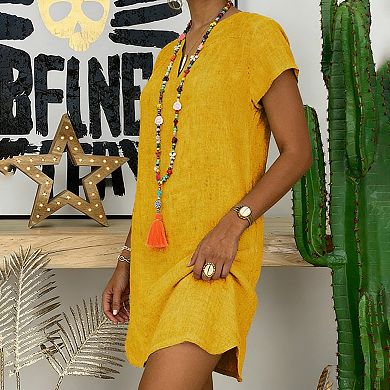 Women's Casual Solid V-Neck Short Sleeve Boho Beach Tunic Dress