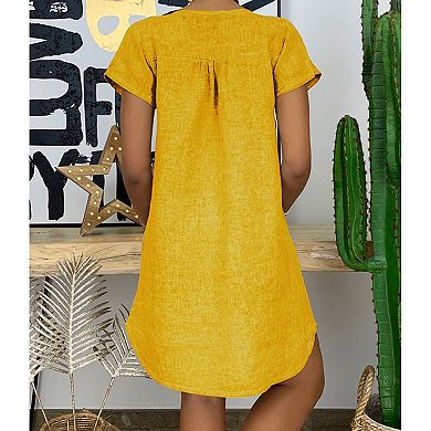 Women's Casual Solid V-Neck Short Sleeve Boho Beach Tunic Dress
