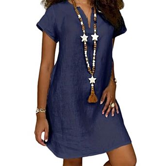 Women's Casual Solid V-Neck Short Sleeve Boho Beach Tunic Dress