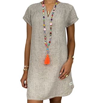 Women's Casual Solid V-Neck Short Sleeve Boho Beach Tunic Dress