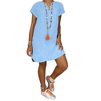 Women's Casual Solid V-Neck Short Sleeve Boho Beach Tunic Dress
