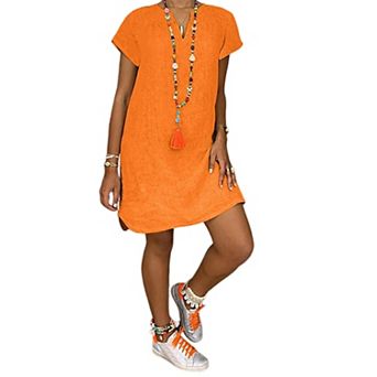 Women's Casual Solid V-Neck Short Sleeve Boho Beach Tunic Dress