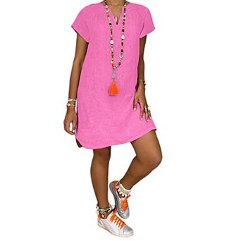 Women's Casual Solid V-Neck Short Sleeve Boho Beach Tunic Dress