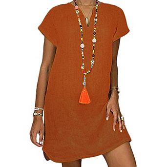 Women's Casual Solid V-Neck Short Sleeve Boho Beach Tunic Dress